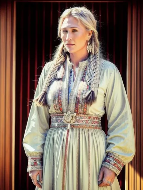 photo of m4arj0r13t4y10rgr33n wearing long sleeves, white dress, mongolia,  traditional clothes, jewelry, earrings, 8k uhd, Canon EOS-1D X Mark III, <lora:add_detail:1>  <lora:Mongolian princess costume_20230709153452:.7>