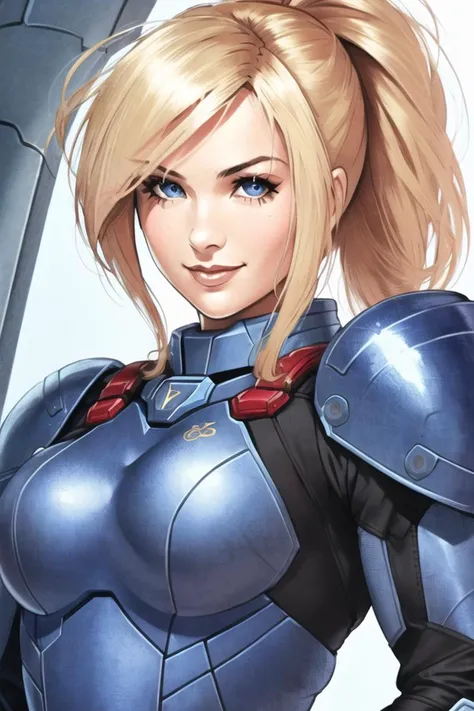 1girl, solo, samus aran, (blonde hair), ((blue eyes)), janrock-12000, ponytail, detailed face, detailed eyes, intricate details, (portrait), ((detailed pupils)), short hair, (zero suit), bodysuit, thick body, forest, street fighter, (((upper body))), looki...