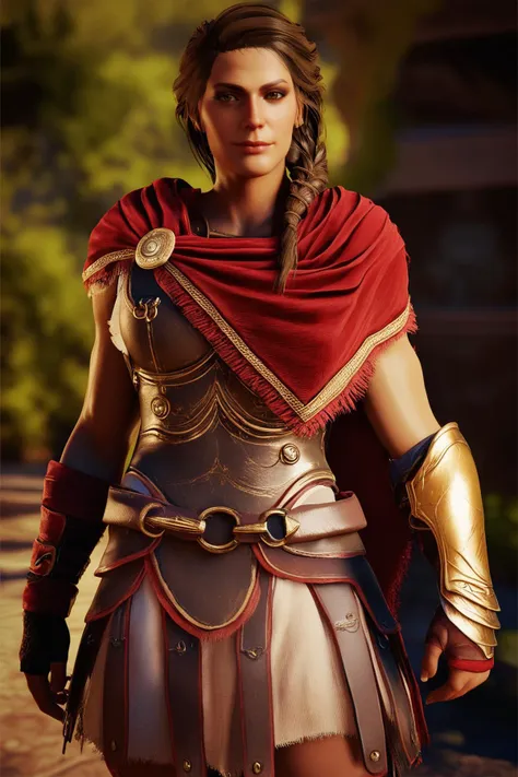 a woman in a red cape and gold armor standing in a park