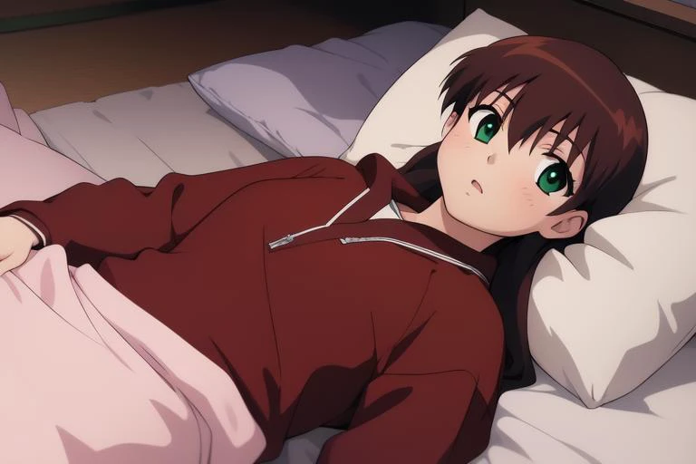 <lora:Miyanoshita_Satsuki:0.8>, MiyanoshitaSatsuki, 1girl, solo, brown hair, long hair, bed, under covers, pillow, lying, green eyes, blanket, dark,
masterpiece, high quality, very_high_resolution, large_filesize, full color,