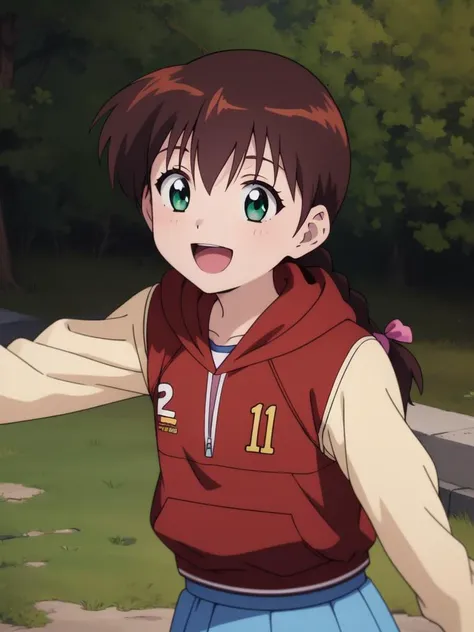 anime girl with brown hair and green eyes in a red jacket