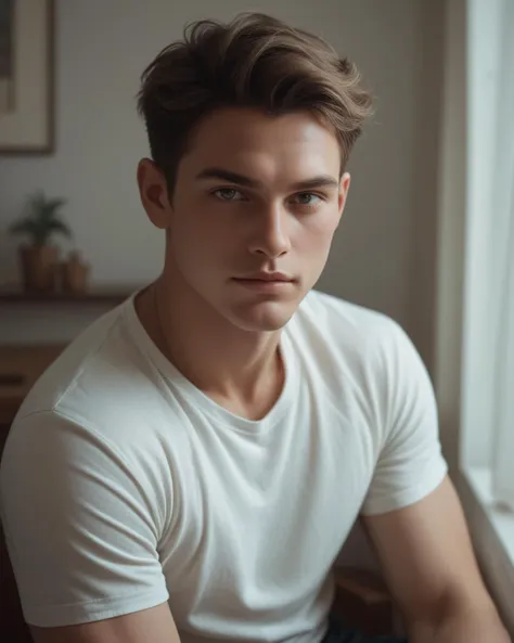 a close up of a man sitting in front of a window