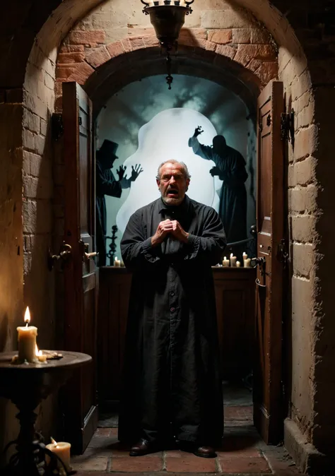 arafed man in a black robe standing in a doorway with candles