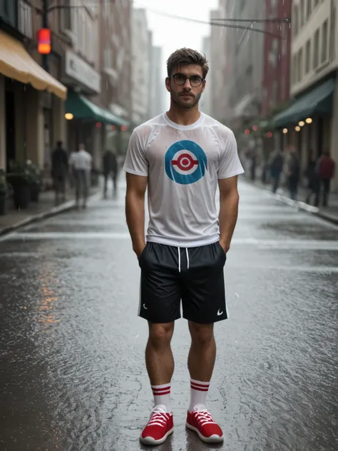 arafed man standing in the middle of a street in the rain