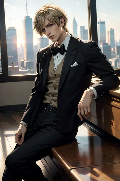 ((ultra detailed, masterpiece, best quality))
 <lora:RE4Leon:0.8>
RE4Leon, 1boy, solo, blonde hair, Within a luxurious penthouse, black-tie eveningwear, panoramic skyline views, leaning against floor-to-ceiling windows with a debonair expression