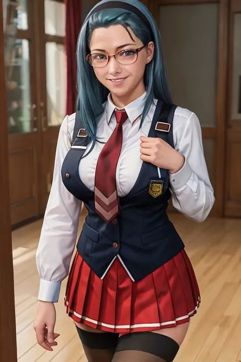 there is a woman in a uniform and glasses posing for a picture