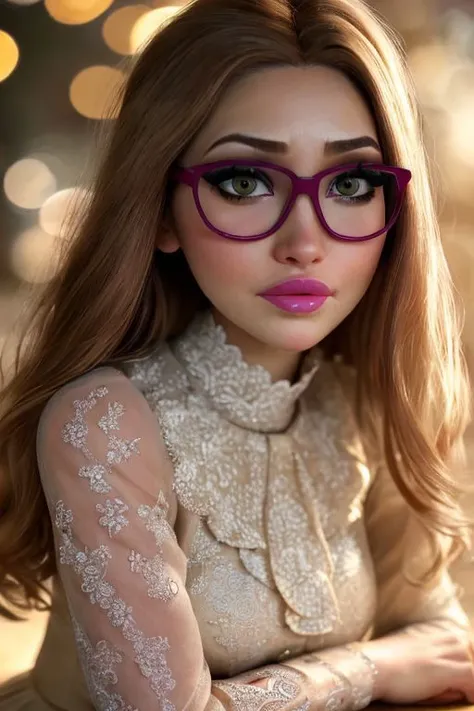 a close up of a woman with glasses and a dress