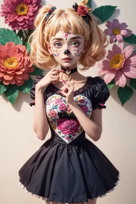 20 years old alice cartelet, beautyful eyes, catrina painted face, hair ornament , Standing tall pose, shaping a heart, detailed background, (marygold flowers:1.1), <lora:add_detail:0.7> <lora:epi_noiseoffset2:0.7>  <lora:offset_0.2:0.7> <lora:alice_cartel...