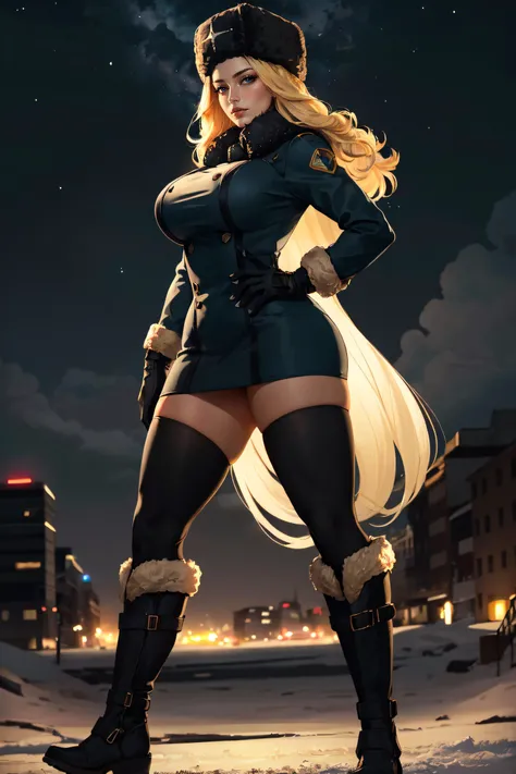 (masterpiece, best quality, ultra detailed, absurdres)1.5, 1girl, (sexy, beautiful woman, perfect face, perfect eyes, perfect female body, huge breasts)1.5, (sfkolin, fur hat, black coat, elbow gloves, thighhighs, boots, long hair, blonde hair, <lora:kolin...