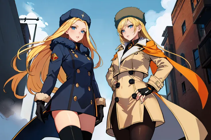 cowboy shot, 2girls, looking at viewer, long hair, blonde hair, fur hat, blue eyes BREAK
sfkolin, black coat, elbow gloves, thighhighs, boots, <lora:kolin-nvwls-v1:0.6> BREAK
1girl, strmillia, coat, fingerless gloves, pantyhose, <lora:guiltygear_strive_mil...