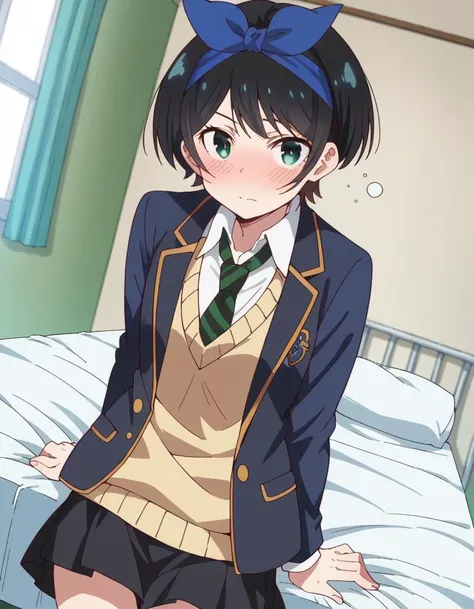 anime girl in school uniform posing on bed with her hands on her hips