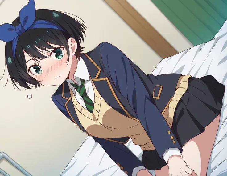 anime image of a woman in a school uniform laying on a bed