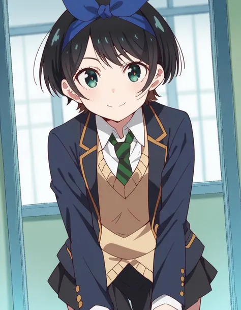 anime girl in school uniform with blue bow and green eyes