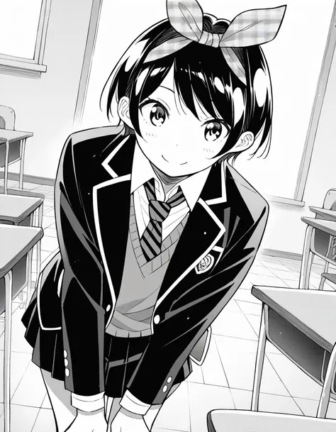 anime girl in school uniform leaning on desk in classroom