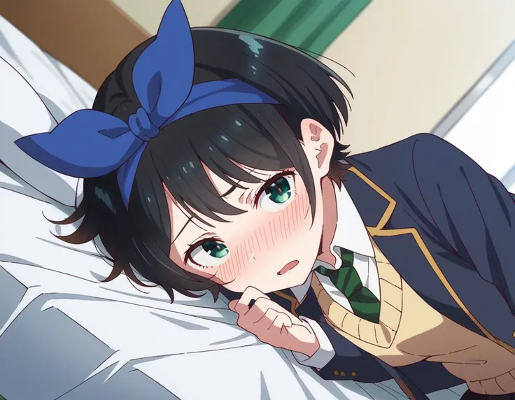 anime image of a girl laying on a bed with her head on her hand