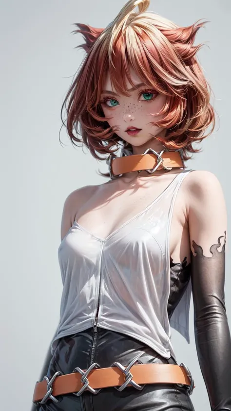 (1girl, solo, masterpiece, 4k, best quality:1.2, (((upper body))), best quality:1.2, NICE HANDS, COLORFUL, (perfect hands, perfect anatomy)), (((very realistic details))),  
mela, gloves, black gloves, freckles, bare shoulders, bodysuit, makeup, collar, ah...