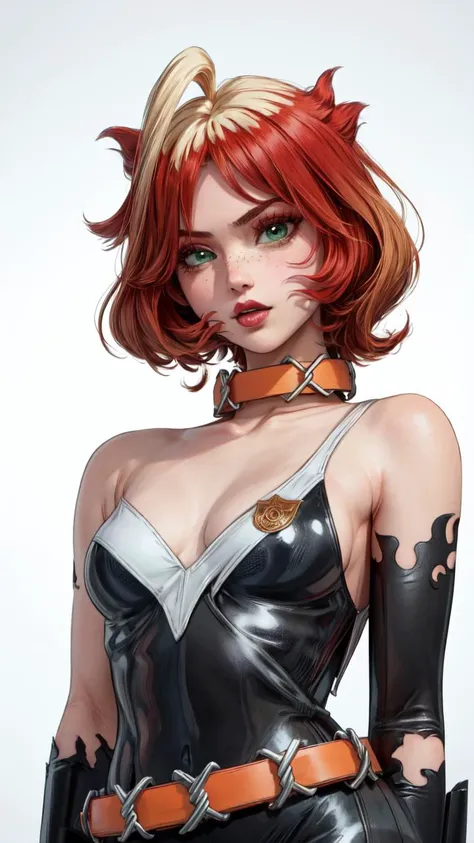 (1girl, solo, masterpiece, 4k, best quality:1.2, (((upper body))), best quality:1.2, NICE HANDS, COLORFUL, (perfect hands, perfect anatomy)), (((very realistic details))),  
mela, gloves, black gloves, freckles, bare shoulders, bodysuit, makeup, collar, ah...