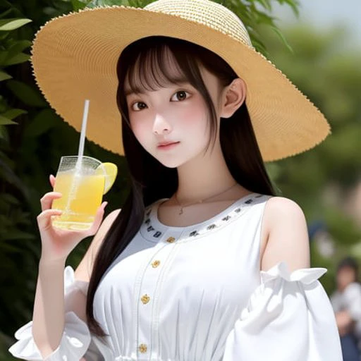 absurdres, masterpiece, best quality, high quality, 8k uhd, professional photo shoot,
beautiful, girl, cute, lovely, young, pure innocent,

(@capo130xx:0.95), a woman with long hair holding a drink in her hand and a straw hat on her head, wearing a white s...