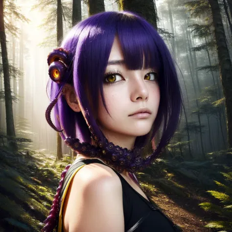 a close up of a woman with purple hair in a forest