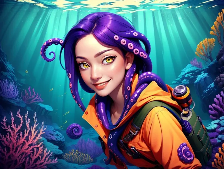 a woman with purple hair and octopus tentacles in a blue ocean