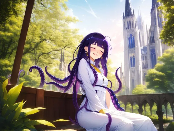 anime girl with purple hair sitting on a bench in front of a church