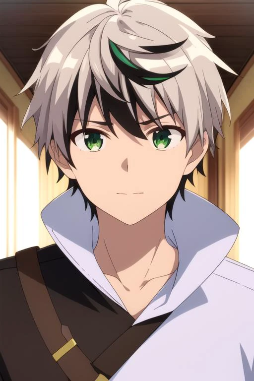 masterpiece, best quality, illustration, 1boy, solo, male focus, looking at viewer, upper body, , <lora:rein_shroud:0.72>, rein_shroud, grey hair, green eyes, two-tone hair, black hair