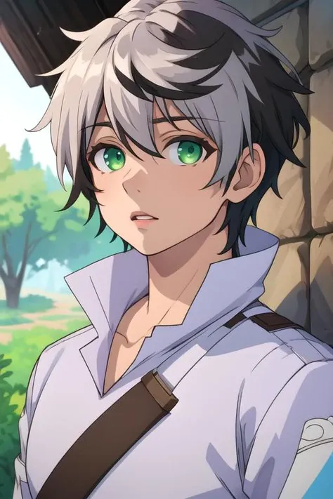 masterpiece, best quality, photorealistic, 1boy, solo, male focus, looking at viewer, upper body, depth of field, <lora:rein_shroud:0.72>, rein_shroud, grey hair, green eyes, two-tone hair, black hair, greek costume, ,