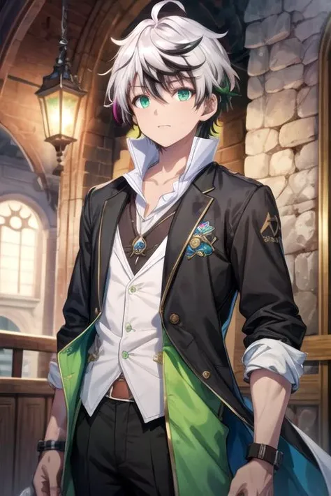 masterpiece, best quality, game cg, 1boy, solo, male focus, looking at viewer, , depth of field, <lora:rein_shroud:0.68>, rein_shroud, grey hair, green eyes, multicolored hair, two-tone hair, black hair, sport coat, tam, fairytale,