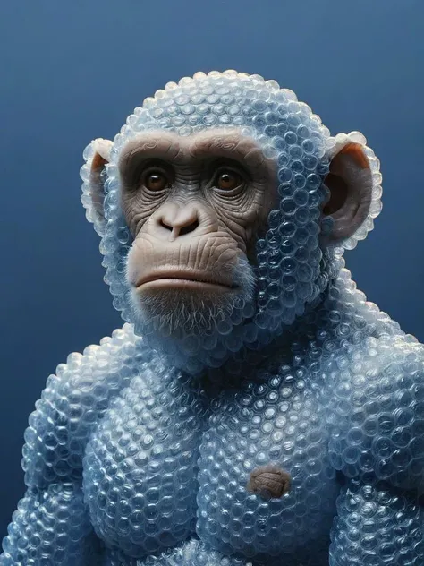 <lora:ral-bubblewrap:1> ral-bubblewrap, Chimpanzee with Organic skin, Appealing, at Blue hour, FOV 90 degrees, Anime screencap, 80mm, electric indigo mist, nature art by Robert Bissell, (Shin Taga:1.0)