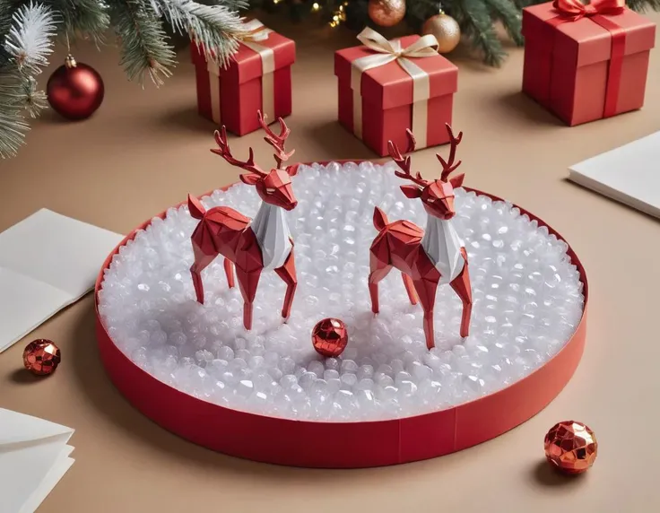 origami style, a crystalz origami Reindeer in red and white colors as a Christmas gifts, BREAK it is placed into a large (cartons box:1.2) with ral-bubblewrap layer inside, colorful silk ribbons are arounded the cartons box, under a Christmas tree, indoor,...