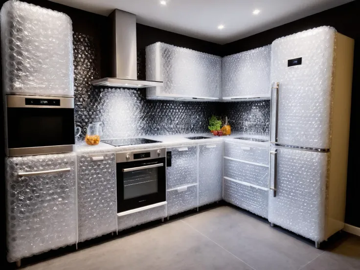 (masterpiece:1.2), best quality, a high-end modern kitchen with all large appliances, kettle, toaster, fridge, all completely covered by ral-bubblewrap, <lora:ral-bubblewrap:1>, <lora:add-detail-xl:1.5>