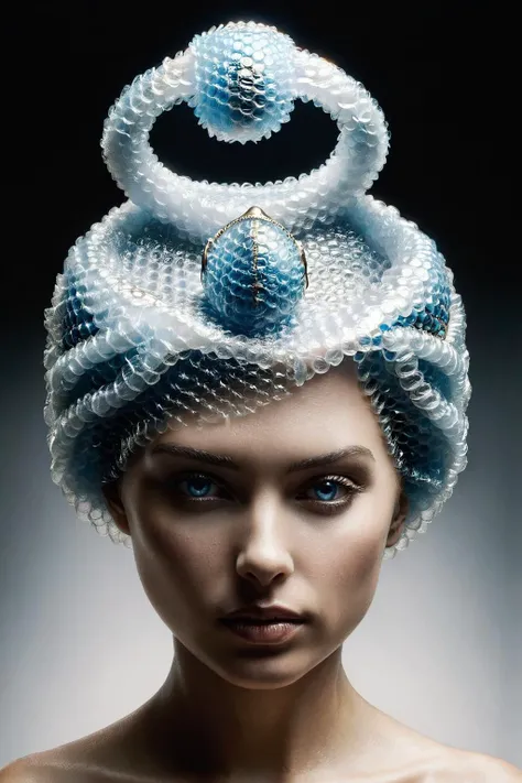 ral-bubblewrap,<lora:ral-bubblewrap:1>,art by escher,<lora:Escher_SDXL:1>,d3qck artstyle,<lora:d3qck_artstyle:0.65>,
portrait of  a woman with a hat on her head,An optical paradox:1.2 unfolds as fish:1.1 swim in an eternal waterfall:1.2,their scales reflec...