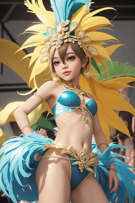 a close up of a woman in a bikini and costume