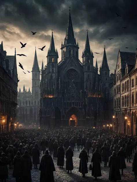 Horror-themed , Generate an impressive scene of a medieval city at dusk. Imagine a large square surrounded by imposing buildings, with a majestic cathedral as an eye-catcher. Emphasize the mystical and epic atmosphere with the falling darkness and add flyi...