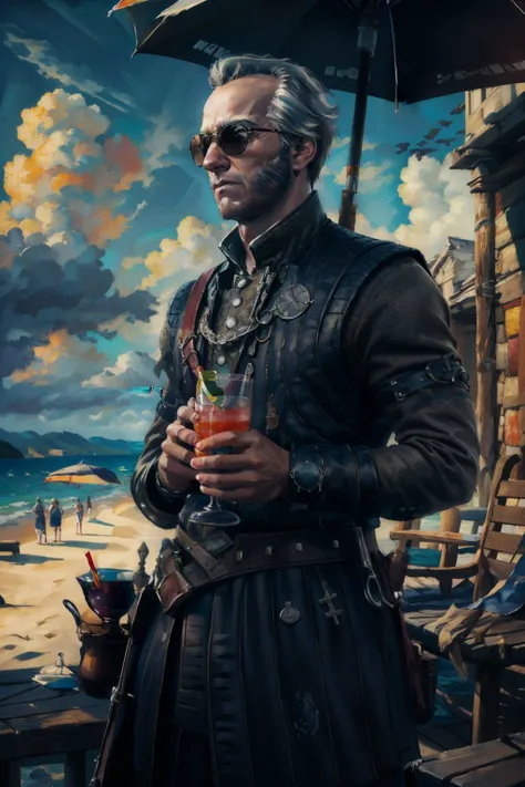 (masterpiece, top quality, best quality, official art, detailed:1.2), <lora:regisW3:0.7>, emielregisW3, sunglasses, drinking, cocktail, grey hair, facial hair, old, umbrella, day, beach, clouds, seascape