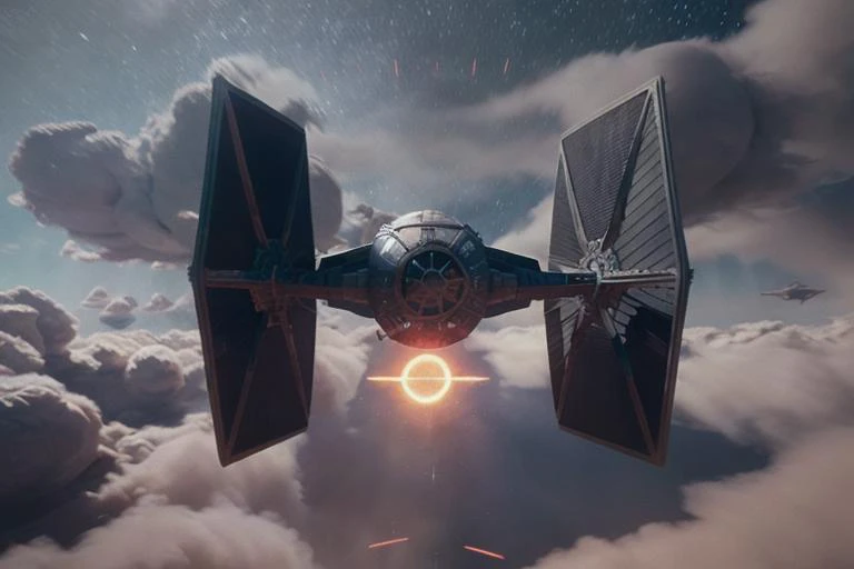 analog gloomy aerial photo of a (Tie Fighter, <lora:t13f1ght3r:1>), ((nighttime)), (flying in a space battle), outer space, planet orbit, (explosions in the background), (lasers), High Detail, Sharp focus, (photorealism), realistic, best quality, 8k, award...