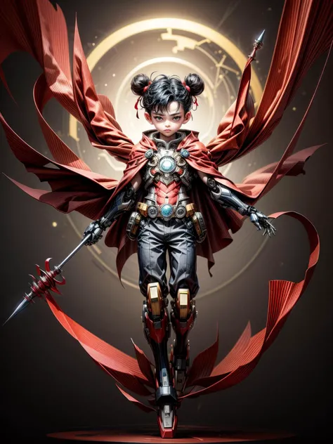 masterpiece,best quality,high quality,highres,ultra-detailed,(1 little boy:1.2),yushuishu,black hair,double bun,red cloak,murderous look,solo,Perfect face,(mecha:1.3),bodysuit,mechanical parts,(Foot on the mechanical wheel:1.2),(red ribbon),(1 long  Two-ha...