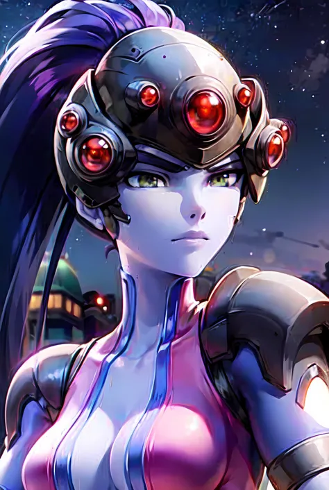 portrait, widowmaker, bodysuit, neutral facial expression, slight frown, (head-mounted display), visor, ponytail, night sky, moonlight, , best quality, <lora:Widowmaker_Aoki:0.8>