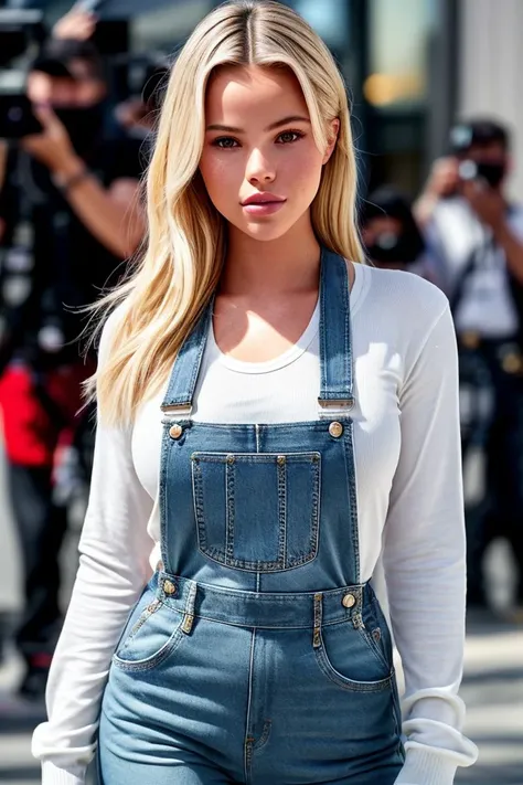 photo of beautiful (ktlordahl-120:0.99), a woman with beautiful blonde hair, as a movie star in a (movie premiere), premiere gala, (near a movie theatre), natural skin texture, (denim overalls), (trousers), (long sleeve white top), 24mm, 4k textures, soft ...