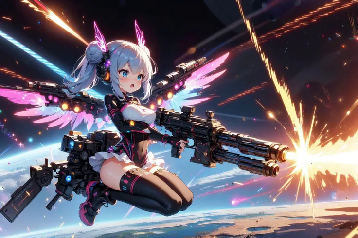 (((masterpiece))), (((best quality))), (((full body))), (((dual wielding twin buster rifle))), (((gatling gun))), (((huge beam impact))), (((firing))), (((glowing))), (((power)), (((electricity))), colorful mechanical wings, black tight suit, miniskirt, le...