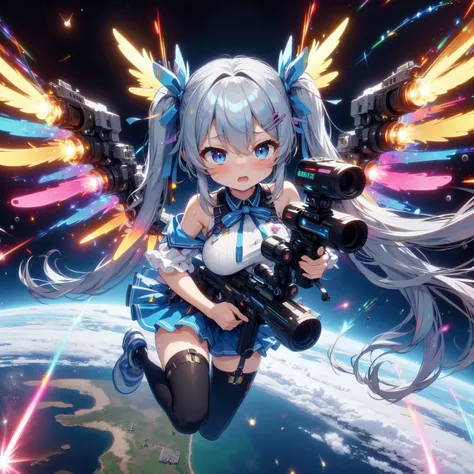 (((masterpiece))), (((best quality))), (((wide shot))), (((full body))), (((from above))), ((dual wielding twin buster rifle)), (((magnum sniper rifle))), (((colorful huge beam impact))), (((firing))), (((glowing))), (((power)), (((electricity))), ((colorf...