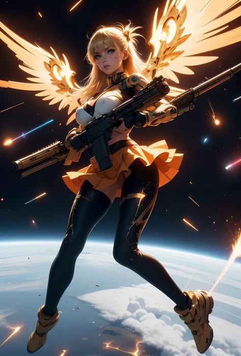 (masterpiece, best quality), 1girl,  Butterscotch Blonde Faux Hawk, Size H breasts, <lora:girlliketwinbusterrifle:0.8> dual wielding twin buster rifle, magnum sniper rifle, huge beam impact, firing, glowing, power, electricity, mechanical wings, tight suit...