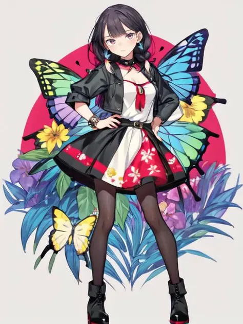 (masterpiece, high quality,:1.4), BREAK,
1girl, teen, solo, skinny, slender, 
Artsy: Asymmetrical dress, funky tights, and ankle boots.
Ladybug Eyes
French Braid with Floral Accents
Raised chin
small breasts
Hands on hips facing the camera
Lush Rainbow Mea...