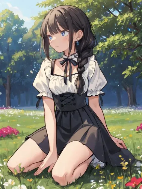 anime girl sitting in the grass with flowers in her hand