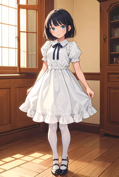 anime girl in a white dress standing in a room