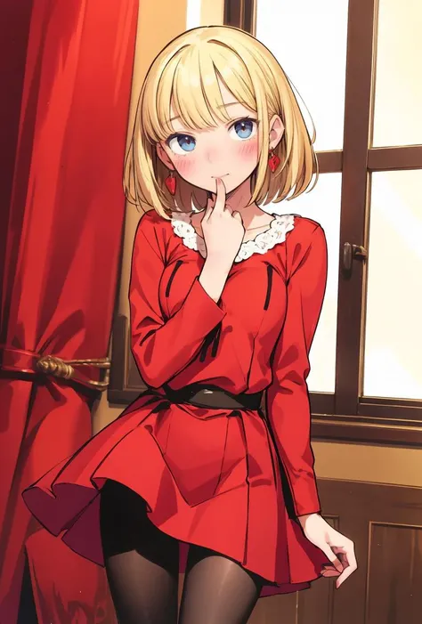 (masterpiece, best quality), 1girl, blonde hair, red dress, pantyhose, cute face, blush,