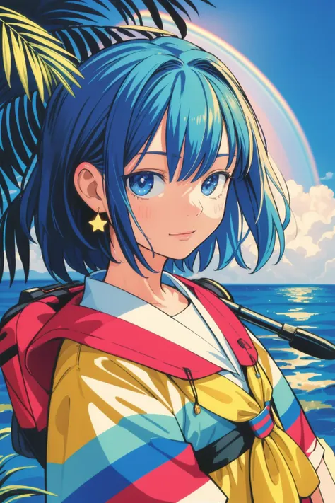 a woman with blue hair and a colorful jacket standing in front of a beach