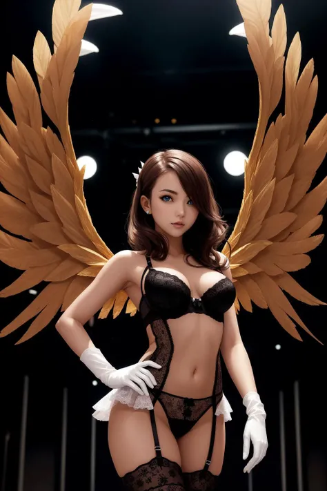 wallpaper, sharp focus, a cute woman, edgVS, gloves, wearing edgVS lingerie, wings, <lora:edgVictoriaAngels:0.85>,