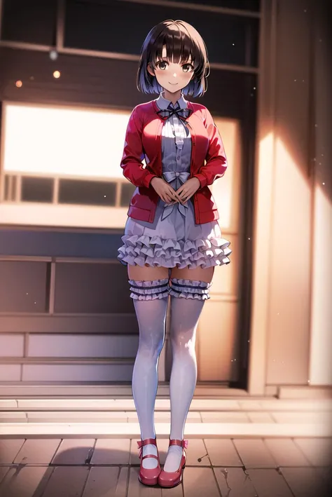 ((masterpiece,best quality, detailed)), deep shadows, hard rim lighting, dramatic lighting, sharp focus, looking at viewer, ambient light,
 <lora:KatouMegumiV1-000005:0.8>, katou megumi, white dress, red jacket, neck ribbon, white thighhighs, frills, bow, ...