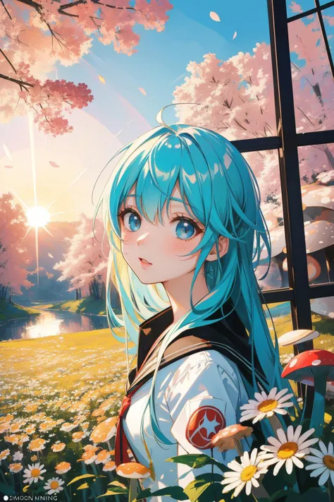 a girl with blue hair and blue eyes standing in a field of flowers